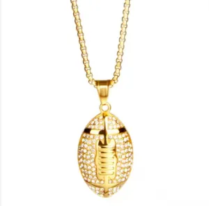 American Football with Inlaid Stones 24" Stainless Steel Electroplated Charm Necklace 18k Gold Plated Jewelry