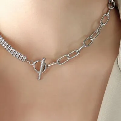Dual Tennis Link and Hollow Link Titanium Steel Gold-Plated Necklace
