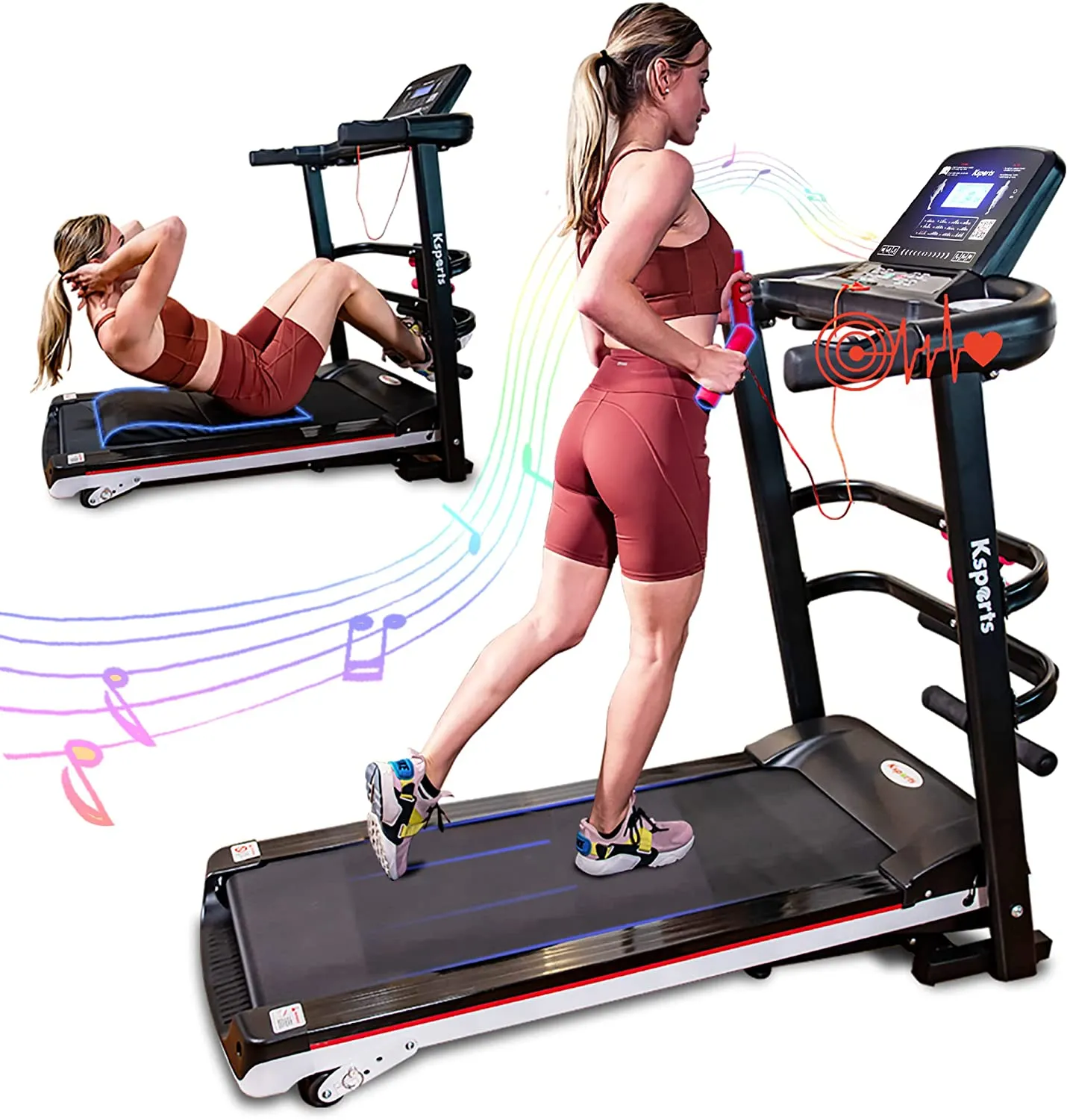 Ksports Treadmill Bundle Comprising of Electric Folding Treadmill with Auto/Manual Incline Sit Ups Rack & Ab Mat, Dumb Bells for Home Office Gym Small Spaces, Running Machine with Smart APP