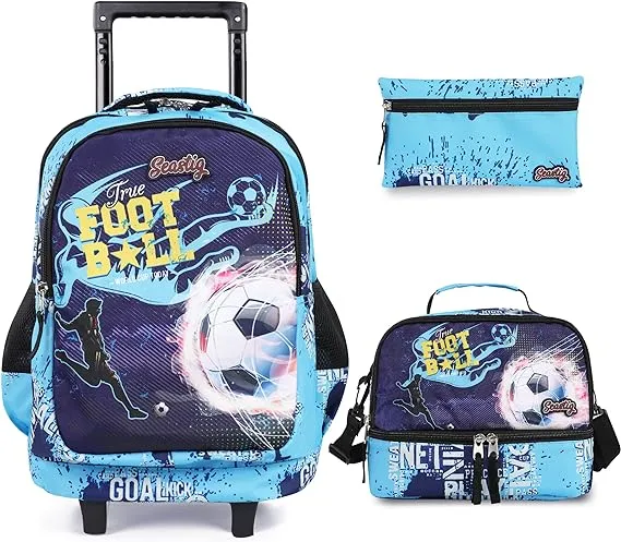 Seastig Navyblue Football 18 inch Double Handle Rolling Backpack with Lunch Bag Set